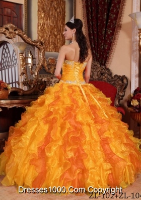 Ruffled Sweetheart Organza Appliques and Beading Quinceanera Dress in Orange