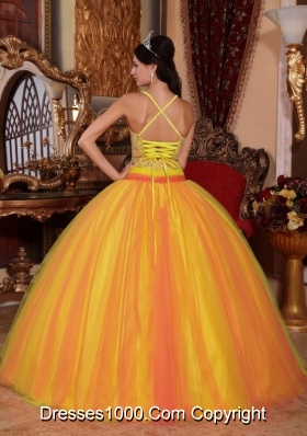 Spaghetti Straps Yellow Puffy Quinceanera Dresses with Beading