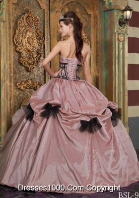 Baby Pink and Black Strapless Quinceanera Dress with Appliques