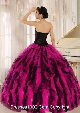 Beaded and Ruffled Sweetheart For Pink and Black Quinceaneras Dresses