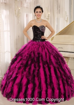 Beaded and Ruffled Sweetheart For Pink and Black Quinceaneras Dresses