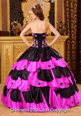 Black and Hot Pink Strapless Taffeta Quinceanera Dresses with Layers