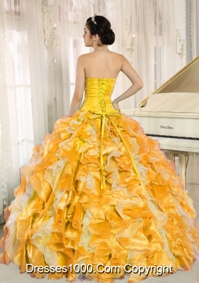 Custom Made For 2014 Yellow and Orange Quinceanera Dress with Beading and Ruffles