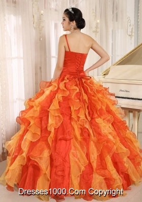 Custom Made Orange One Shoulder Beaded Decorate  Quinceanera Dress with Ruffles