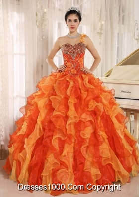 Custom Made Orange One Shoulder Beaded Decorate  Quinceanera Dress with Ruffles
