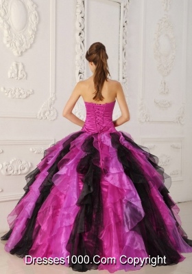 New Style Appliques and Organza Ruffles Pink and Black Quinceanera Dresses