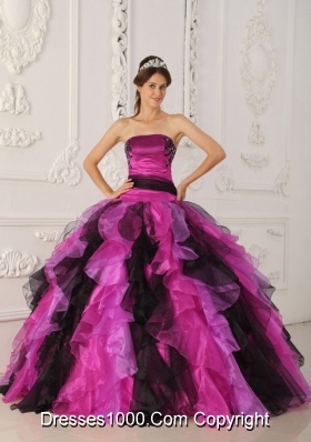 New Style Appliques and Organza Ruffles Pink and Black Quinceanera Dresses