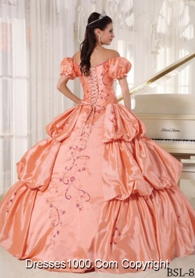 Off The Shoulder Orange Quinceanera Gowns Dresses with Embroidery and Pick-ups