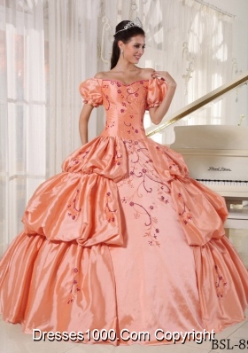 Off The Shoulder Orange Quinceanera Gowns Dresses with Embroidery and Pick-ups