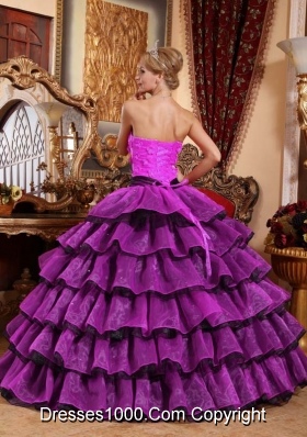 Organza Puffy Pink and Black Quinceanera Dresses with Layers and Flowers