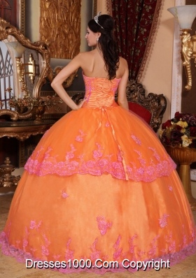 Organza Puffy Strapless Orange Quincenera Dresses with Appliques