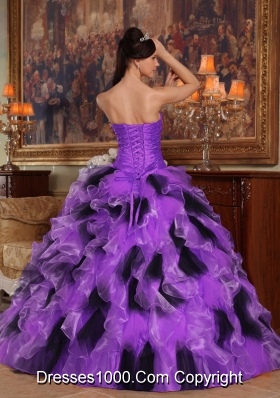 Purple and Black Princess Strapless Organza Quinceanera Dress with Ruffles