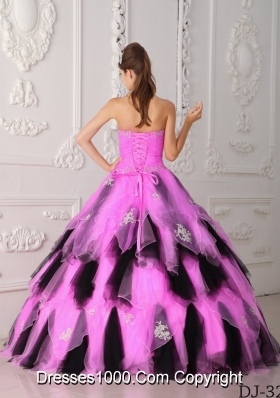 Rose Pink and Black Princess Quinceanera Dresses Gowns with Ruffles and Appliques