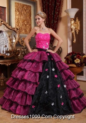 Strapless Organza Pink and Black Quinceanera Gowns Dresses with Appliques and Layers