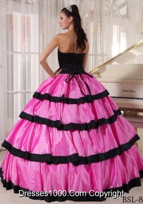 Strapless Rose Pink and Black Quinceanera Dress with Layers