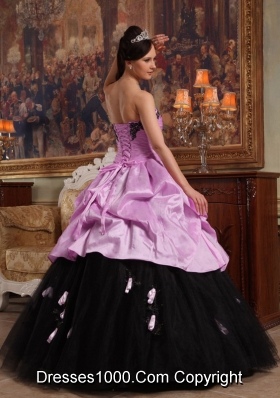 Sweetheart Rose Pink and Black Quinceanera Dresses with Appliques and Pick-ups