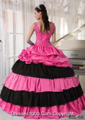 V-neck Pink and Black Quinceanera Gowns Dresses with Pick-ups and Beading