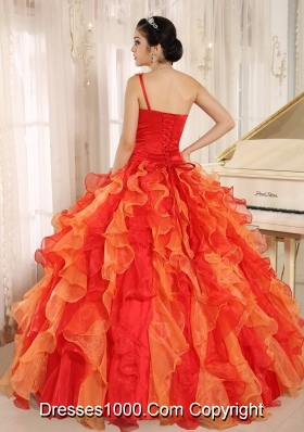 Custom Made Orange Red One Shoulder Quincenera Dresses with Ruffles and Beading