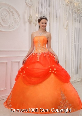 Elegant Orange Red Princess Strapless Quinceanera Dress with Appliques