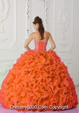 New Style Strapless Orange Red Quinceanera Dresses with Organza Ruffles and Beading