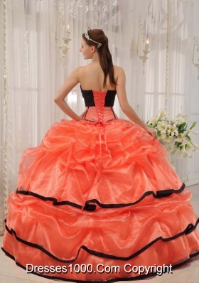 Orange Red and Black Strapless Organza Quinceaneras Dress with Beading and Pick-ups