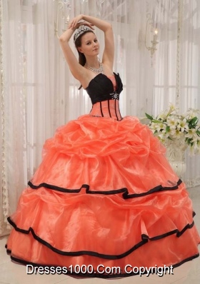 Orange Red and Black Strapless Organza Quinceaneras Dress with Beading and Pick-ups