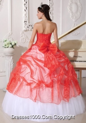 Orange Red and White  Strapless Organza Quinceneara Dresses with Appliques