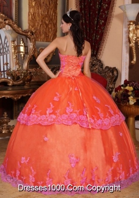 Orange Red Puffy Strapless Organza Sweet 15 Dresses with Appliques