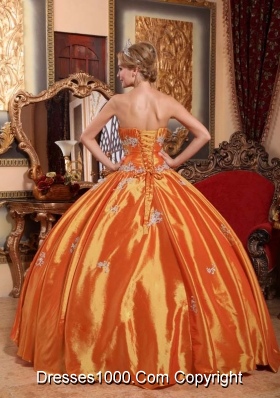 Orange Red Puffy Strapless Quinceanera Gowns with Appliques