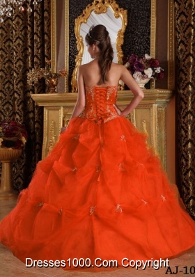 Orange Red Strapless Pick-ups and Appliques Dresses For Quinceaneras