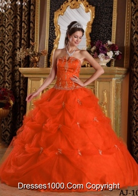 Orange Red Strapless Pick-ups and Appliques Dresses For Quinceaneras