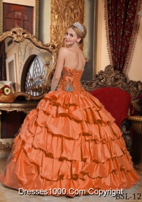 Orange Red Strapless Taffeta Quinceanera Dress with Appliques and Pick-ups