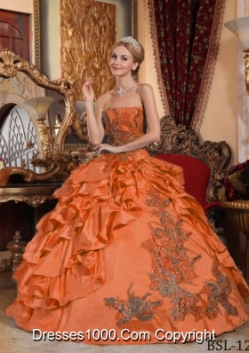 Orange Red Strapless Taffeta Quinceanera Dress with Appliques and Pick-ups