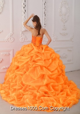 Orange Red Sweetheart Brush Train Taffeta Quinceanera Dress with Beading and Appliques