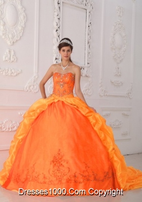 Orange Red Sweetheart Brush Train Taffeta Quinceanera Dress with Beading and Appliques