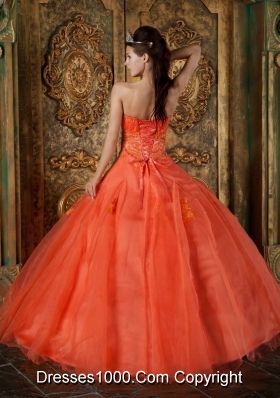 Orange Red Sweetheart Organza Appliques Dress For Quinceaneras