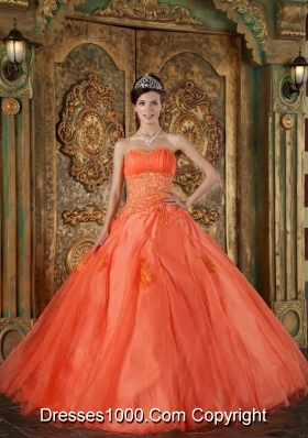 Orange Red Sweetheart Organza Appliques Dress For Quinceaneras