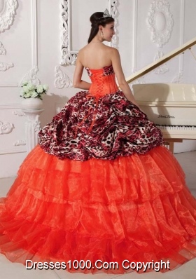 Orange Red Sweetheart Sweep Train Leopard Quinceanera Dresses with Pick-ups and Appliques