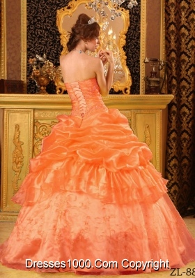 Organza Appliques Orange Red Quinceanera Dress with Pick-ups