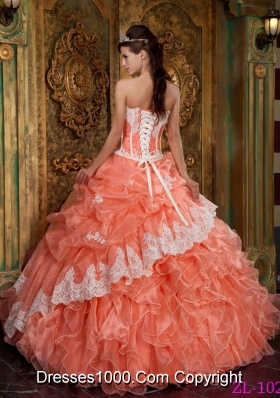 Organza Strapless Orange Red Quinceanera Gown Dress with Ruffles and Appliques