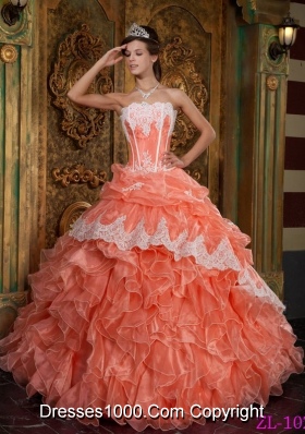 Organza Strapless Orange Red Quinceanera Gown Dress with Ruffles and Appliques