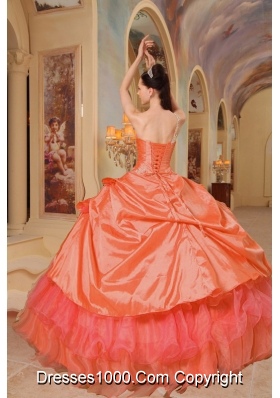 Puffy Appliqued One Shoulder Orange Red Sweet 16 Dresses