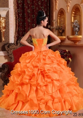 Puffy Orange Red Quinceanera Dress with Ruffles and Appliques