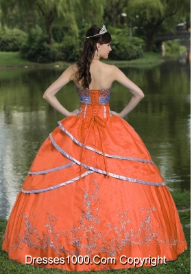 Puffy Orange Red Quinceanera Gown Dresses with Embroidery