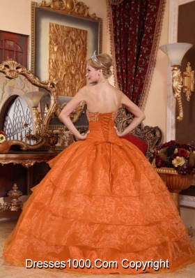 Puffy Strapless Orange Red Puffy Quincenera Dresses with Appliques