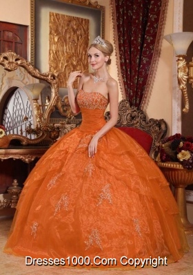 Puffy Strapless Orange Red Puffy Quincenera Dresses with Appliques