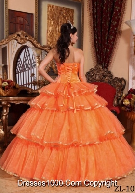 Strapless Orange Red Quinceanera Dresses with Organza Ruffles