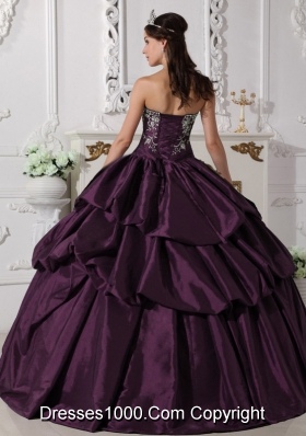 Strapless Dark Purple Ruched Taffeta Embroidery Quinceanera Dress