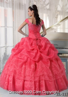 2014 Cute Watermelon Ball Gown Off The Shoulder Quinceanera Dress with Beading and Pick-ups