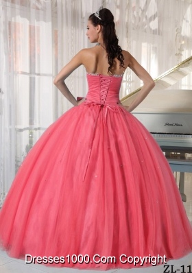 2014 Exclusive Watermelon Puffy Sweetheart Quinceanera Dress with Beading and Bowknot